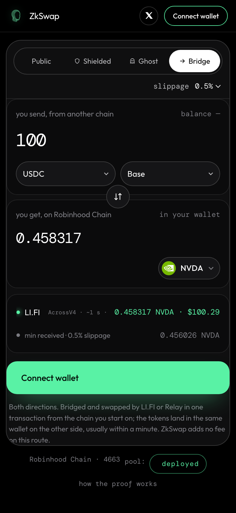 The ZkSwap bridge on an iPhone, USDC on Base into NVDA on Robinhood Chain