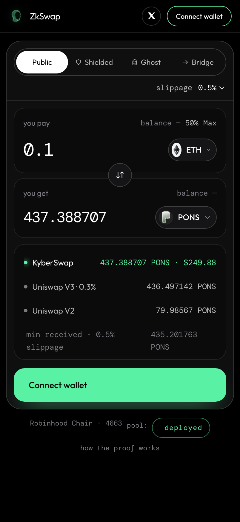 The ZkSwap app on an Android phone, comparing three routes for a swap